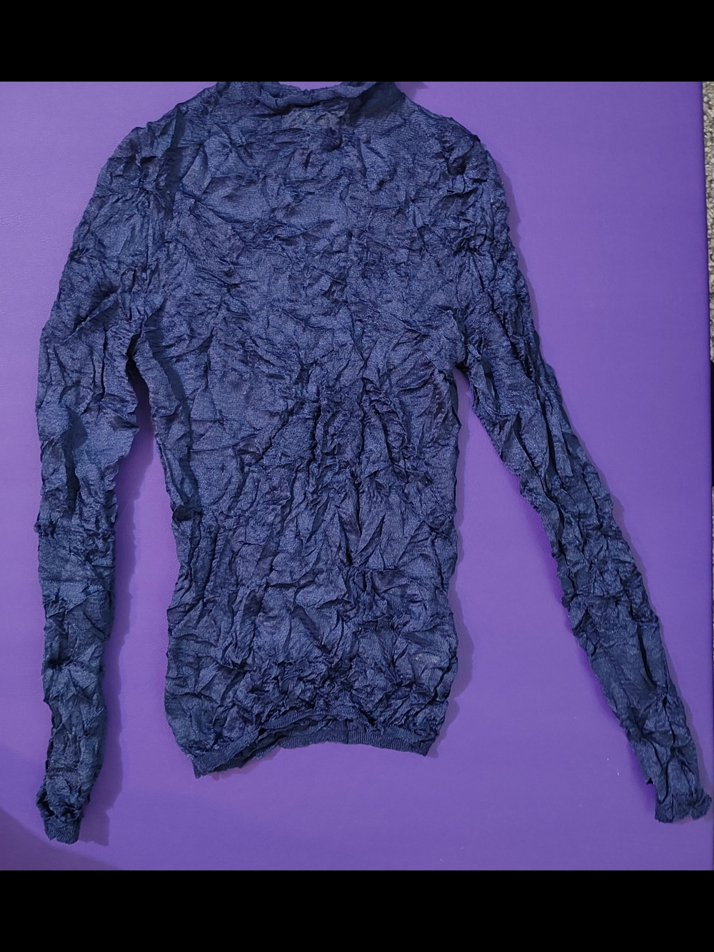 Zara Crinkled Sheer Mesh Navy Long-Sleeve Top